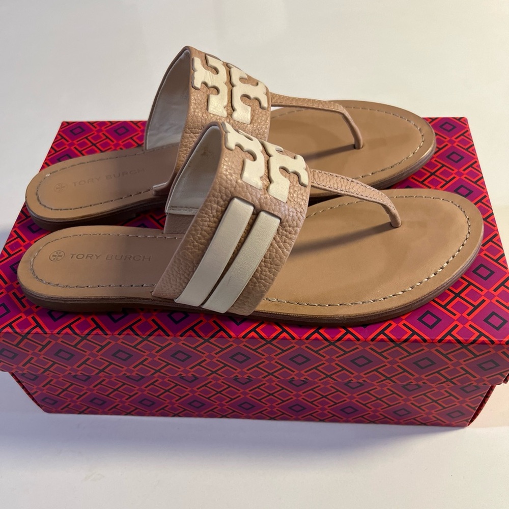 Tory Burch Tan and Cream Leather Slide Sandals